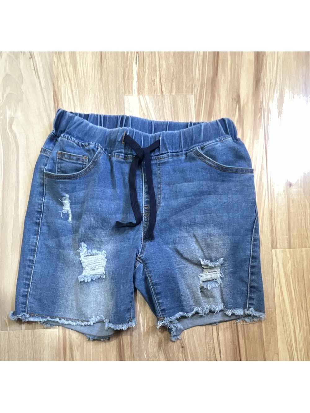 SHEIN Blue Distressed Drawstring Pull On Denim Shorts